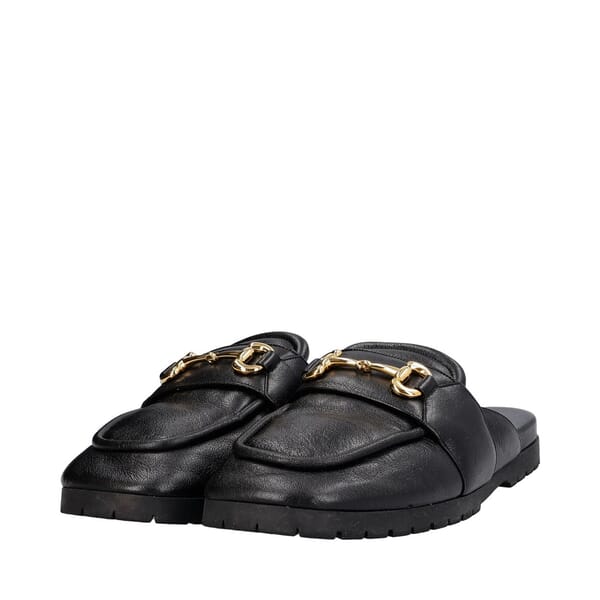 Leather Horsebit Lug Sole Mules Black