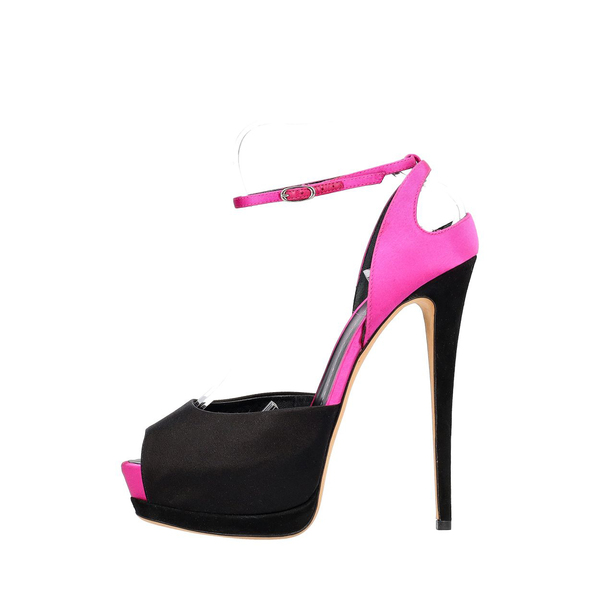 Satin/Suede Peep Toe Platform Sandals Pink/Black