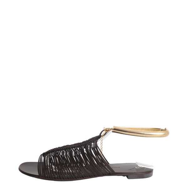 Leather Flat Ankle Cuff Sandals Brown/Gold Tone