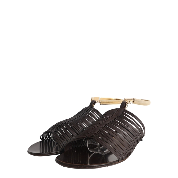 Leather Flat Ankle Cuff Sandals Brown/Gold Tone