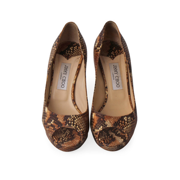 Snakeskin Open Toe Pumps Brown