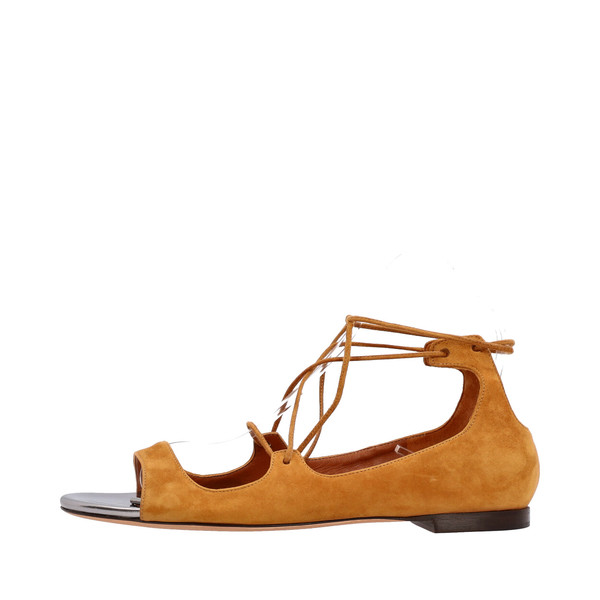 Suede Lace Up Flat Sandals Tan