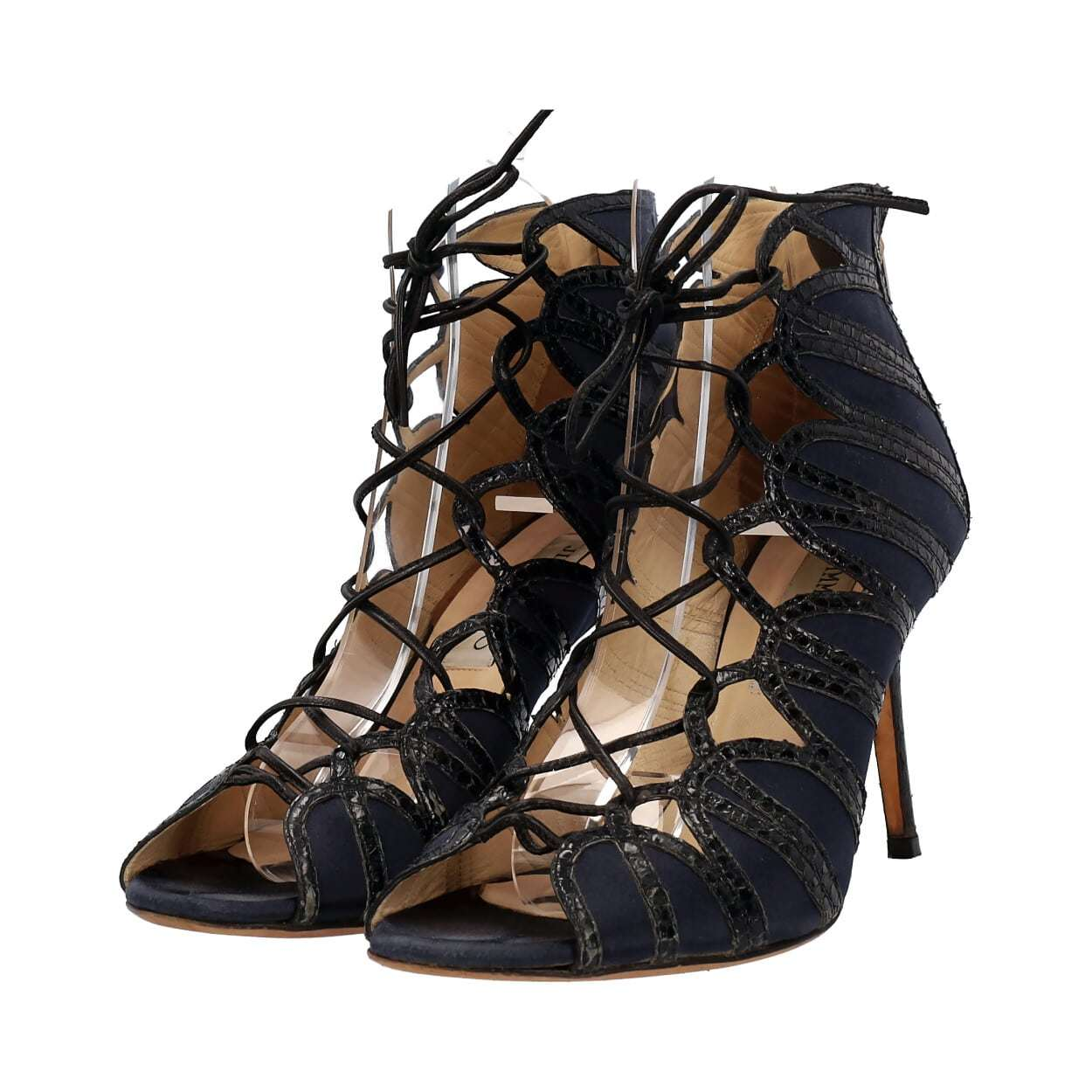 JIMMY CHOO Satin/Snakeskin Lace-Up Sandals Navy/Black | Luxity