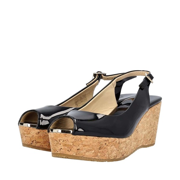 Patent Cork Wedge Slingback Pumps Black