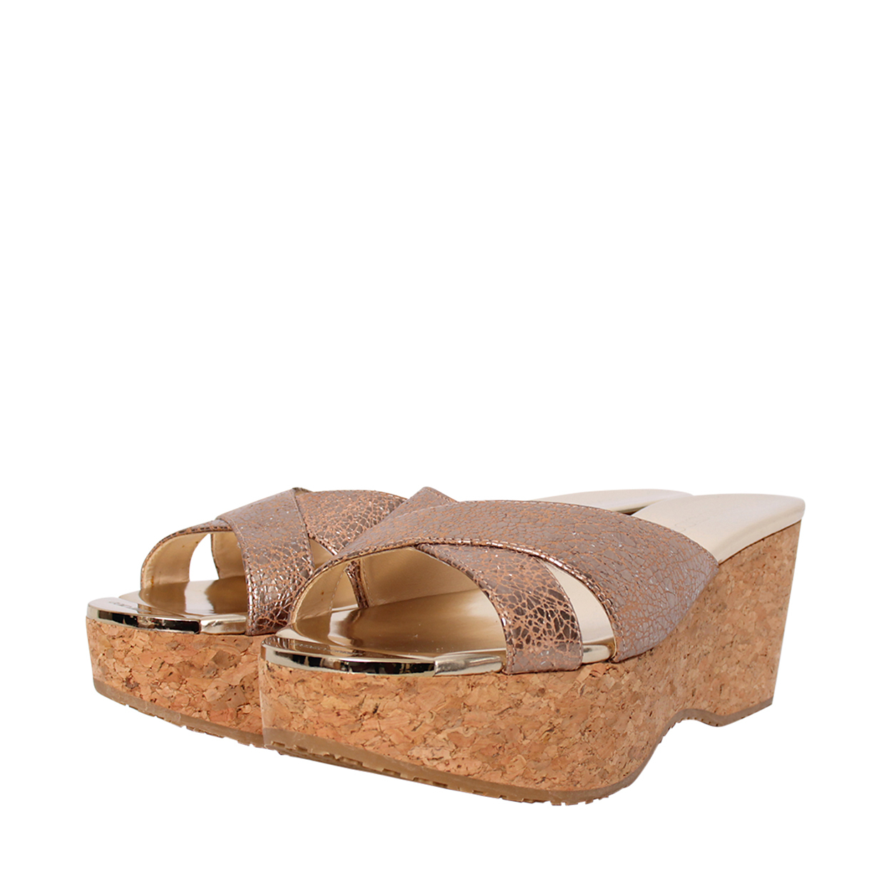 JIMMY CHOO Leather Pandora Cork Wedge Sandals Gold | Luxity