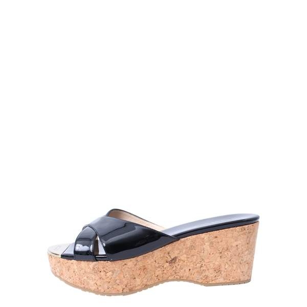 Patent Pandora Cork Wedge Sandals Black