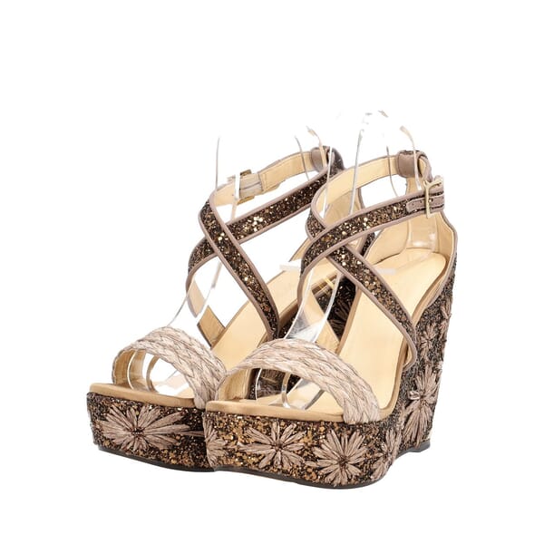 Glitter/Raffia Portia Wedge Sandals Light Mocha