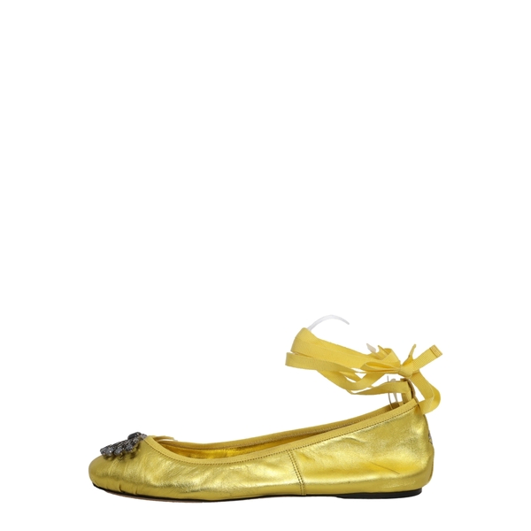Metallic Leather Crystal Embellished Grace Flats Yellow