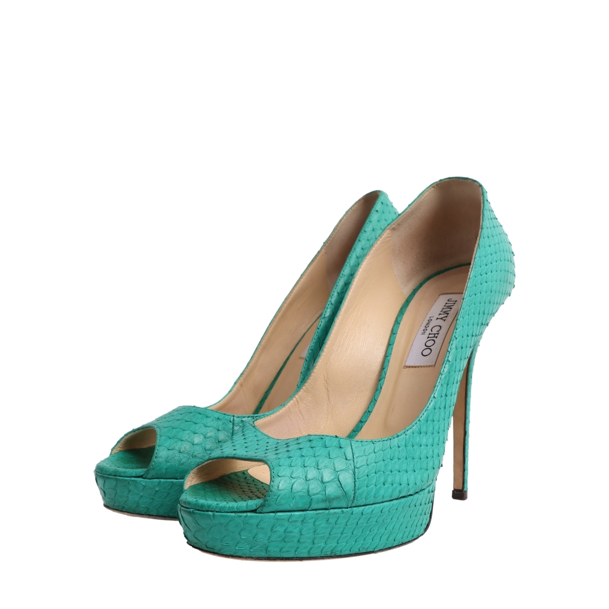 JIMMY CHOO Snakeskin Peep Toe Pumps Turquoise | Luxity