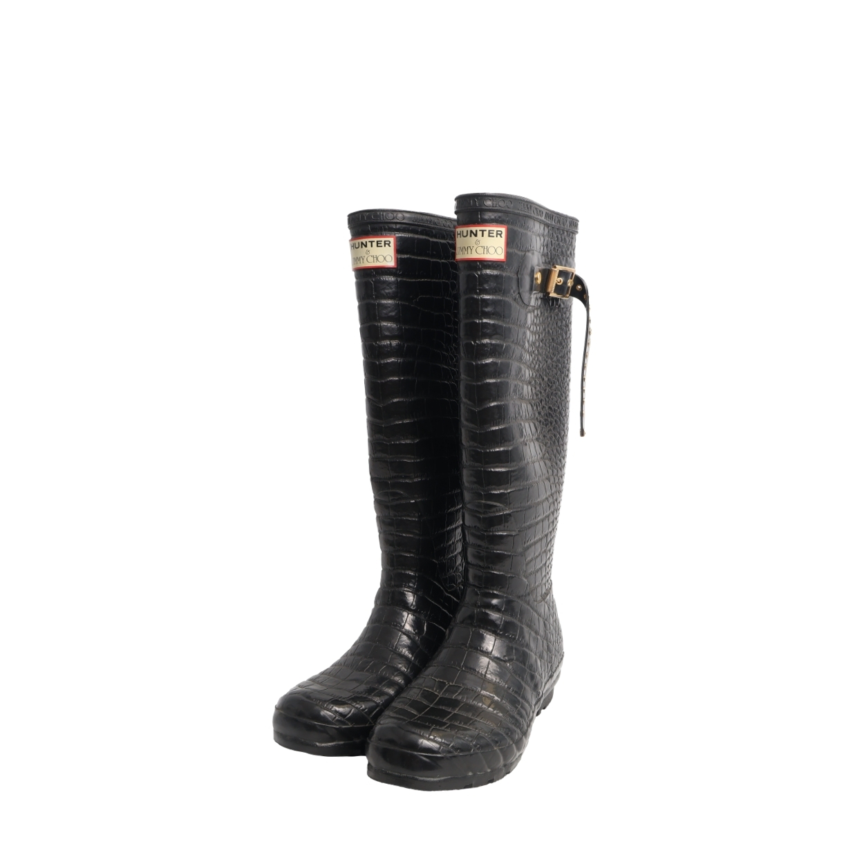 JIMMY CHOO x HUNTER Croc Embossed Rubber Rain Boots Black | Luxity