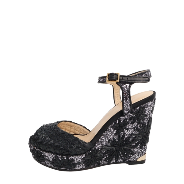 Raffia Glitter Perla Wedge Sandals Black/Anthracite