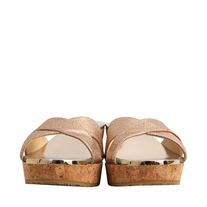 Leather/Glitter Pandora Cork Wedge Sandals Gold, view 3