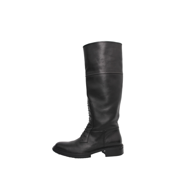 Leather Knee Length Lace Up Flat Boots Black