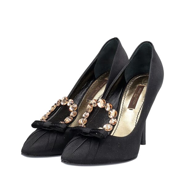 Satin Crystal Embellished Pumps Black