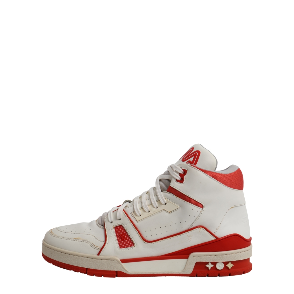 LOUIS VUITTON Leather LV Trainer High Top Sneakers White/Red | Luxity