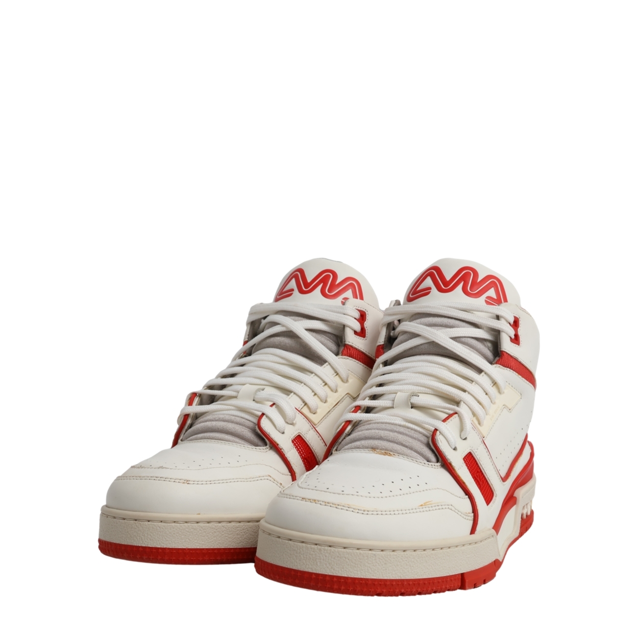LOUIS VUITTON Leather LV Trainer High Top Sneakers White/Red | Luxity