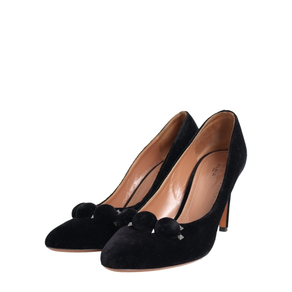 Velvet Pom Pom Embellished Pumps Black