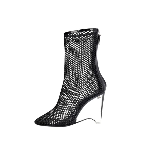 Patent Leather Fishnet Wedge Boots Black
