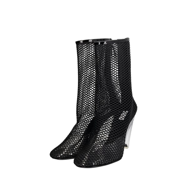 Patent Leather Fishnet Wedge Boots Black