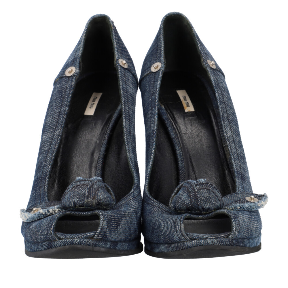 MIU MIU Denim Peep Toe Wedges Blue | Luxity