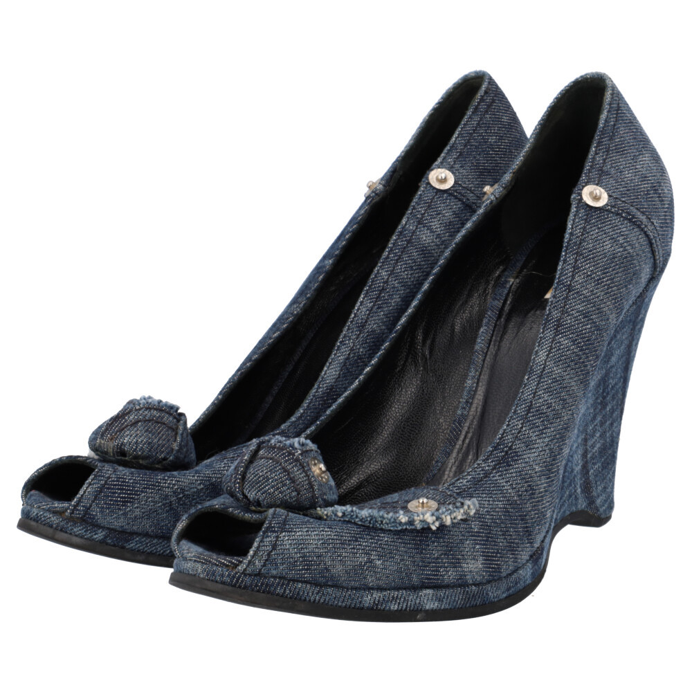まいむ MIU MIU Denim Peep Toe Wedges Blue | Luxity