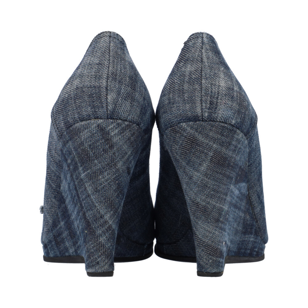 MIU MIU Denim Peep Toe Wedges Blue | Luxity