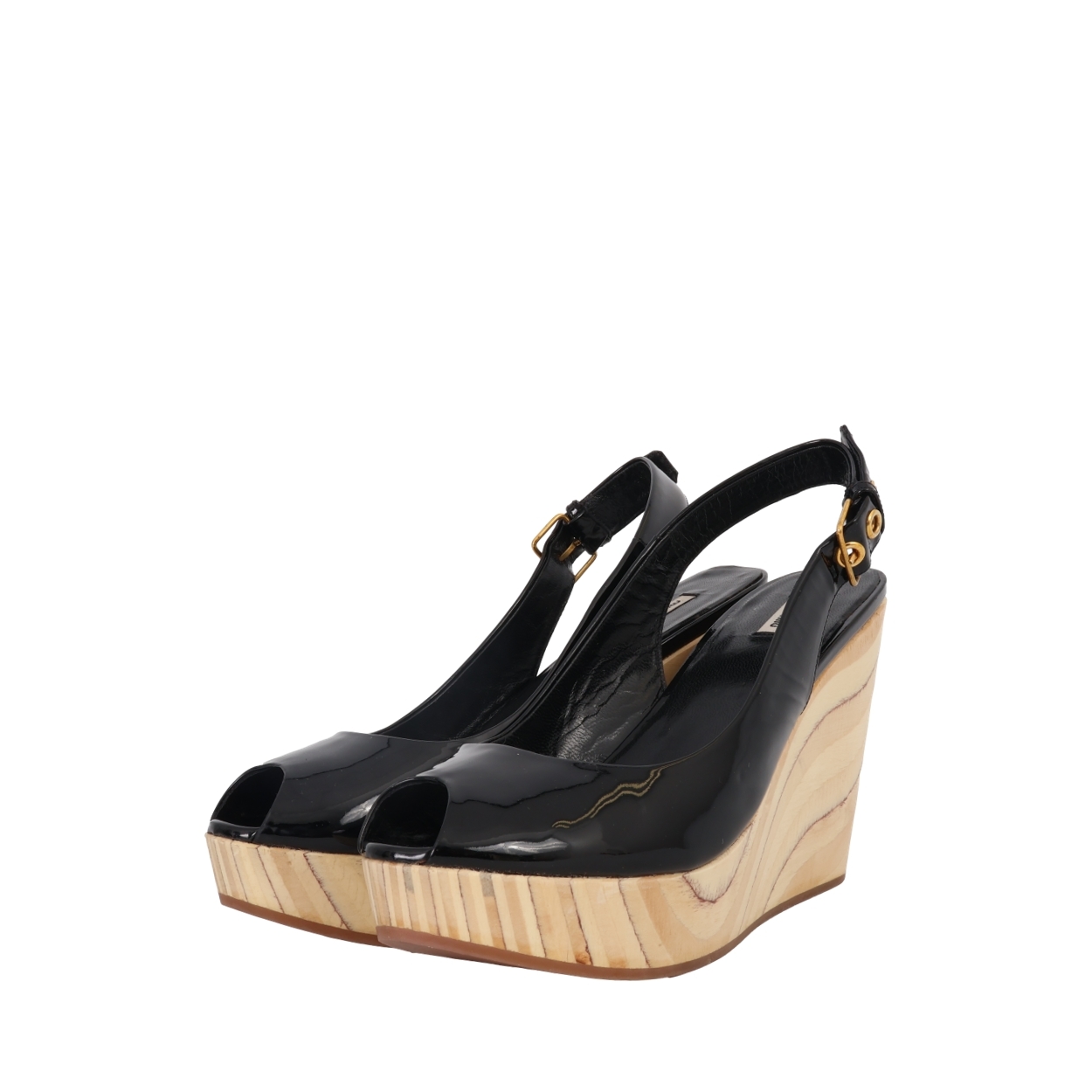 umiページ MIU MIU Patent Wedge Sandals Black | Luxity