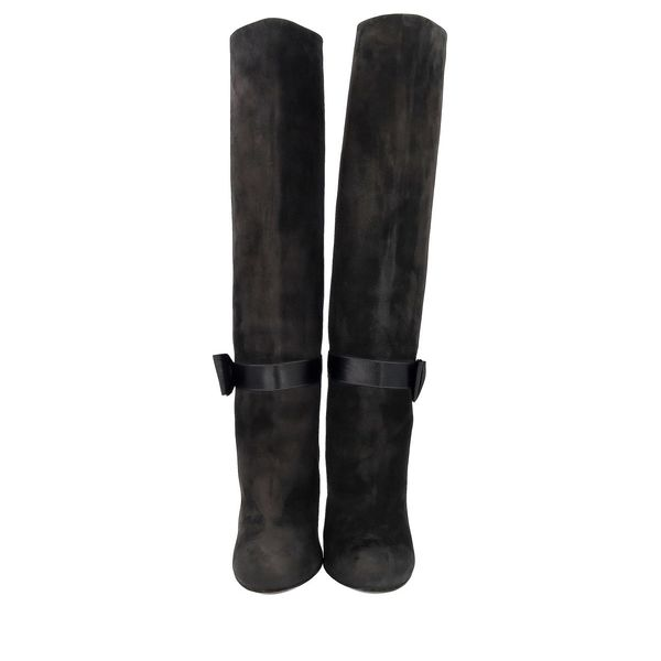 Suede Bow Knee High Boots Black