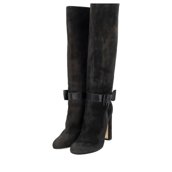 Suede Bow Knee High Boots Black