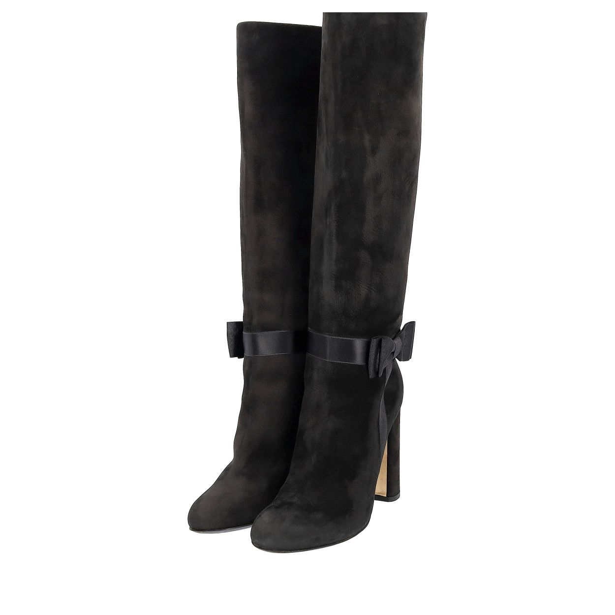 MOSCHINO Suede Bow Knee High Boots Black | Luxity