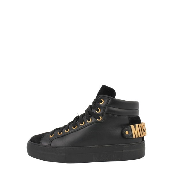 Leather/Suede Logo Plate High Top Sneaker Black