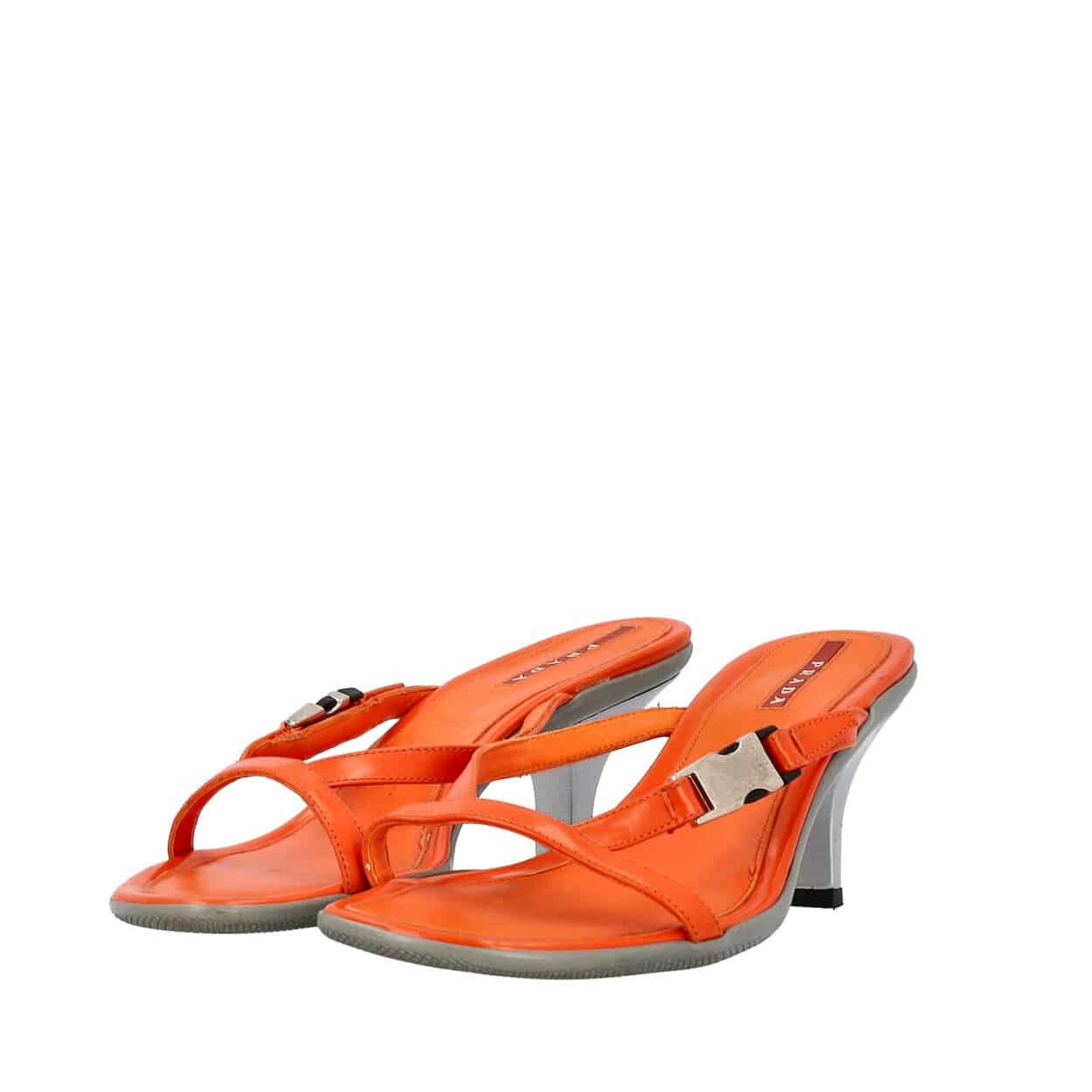 PRADA Vintage Leather Kitten Heel Sandals Orange | Luxity