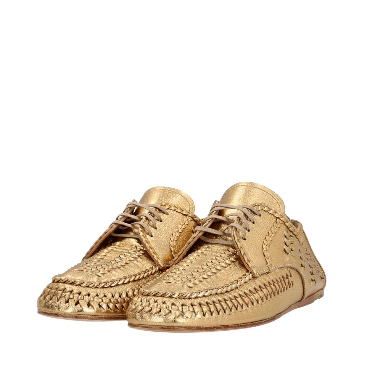 PRADA Leather Woven Lace Up Loafers Gold | Luxity PRADA Leather Woven Lace Up Loafers Gold | Luxity