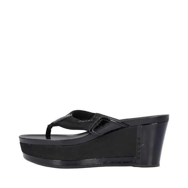 Patent/Canvas Thong Wedge Sandals Black
