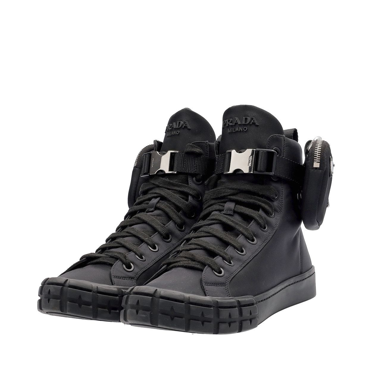 PRADA Nylon Wheel Gabardine High Top Sneakers Black | Luxity