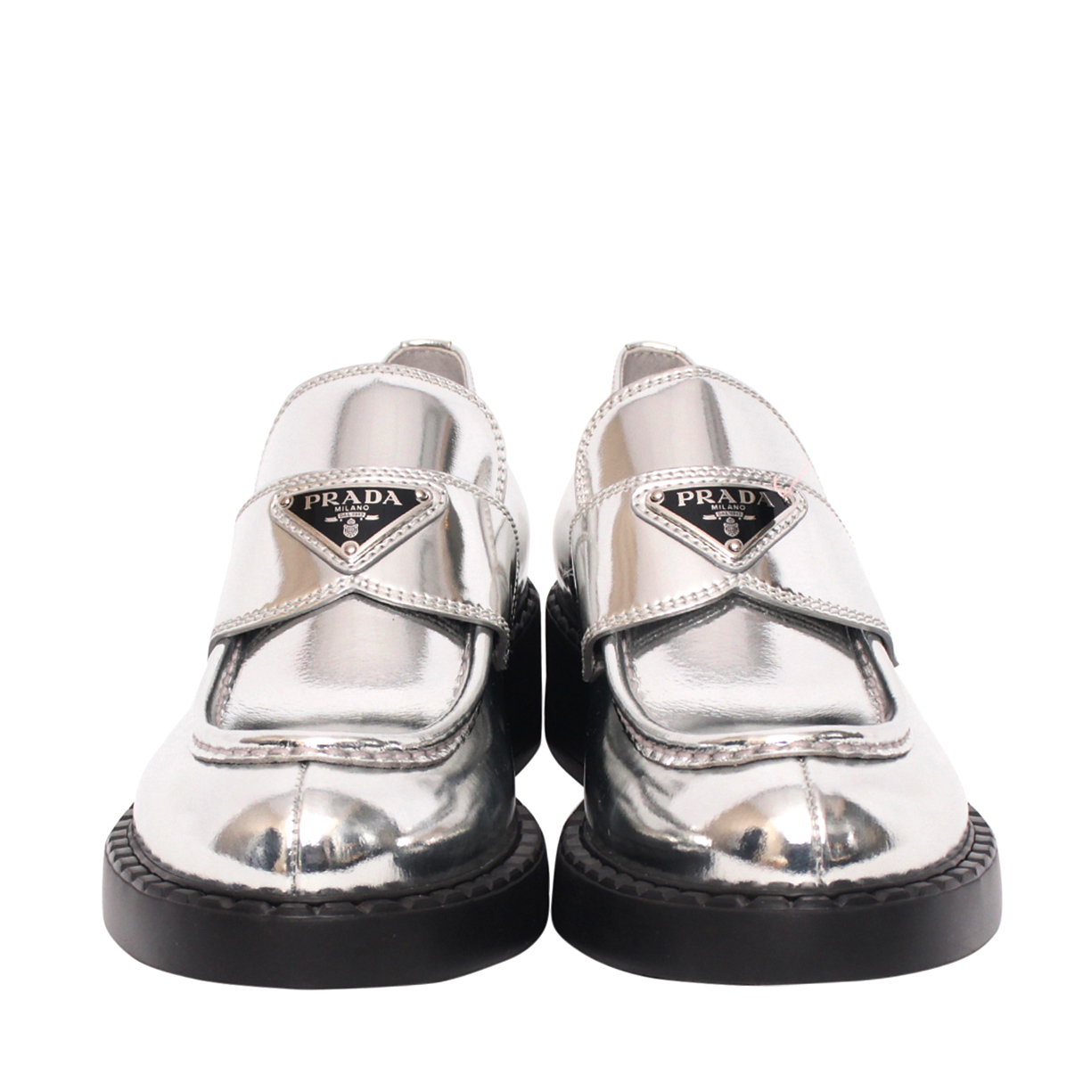 PRADA Metallic Leather Logo Loafers Silver | Luxity
