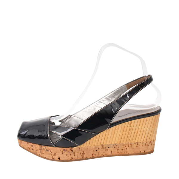 Mixed Material Slingback Wedges Black