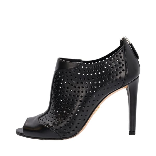 Leather Perforated Peep Toe Booties Black