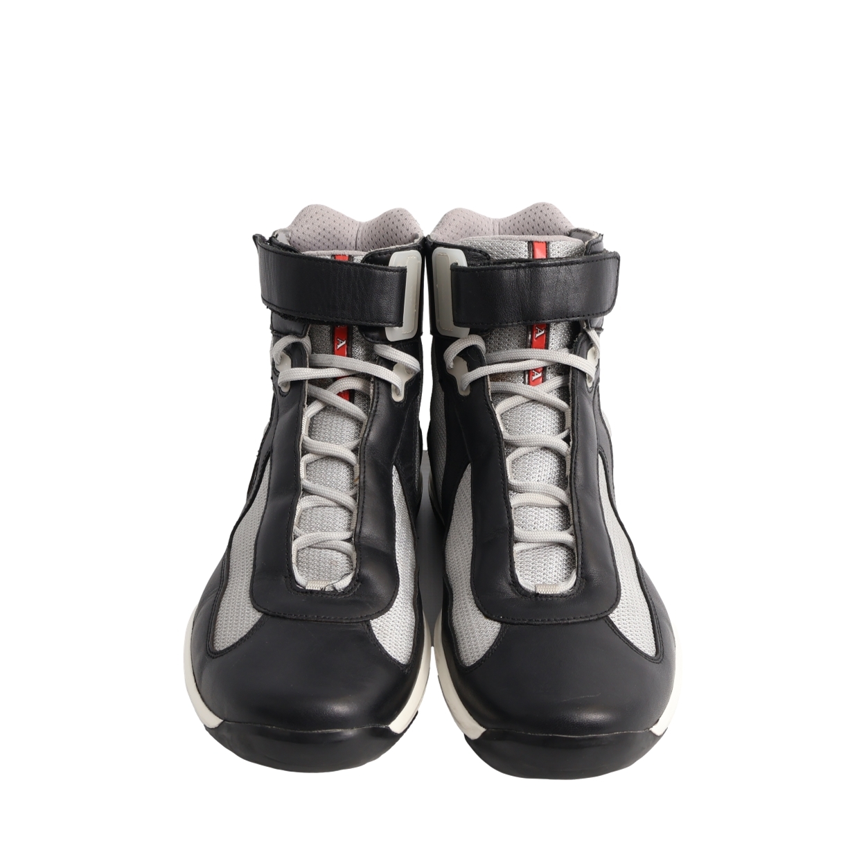 PRADA Leather/Mesh America's High Top Sneakers Black/Grey | Luxity