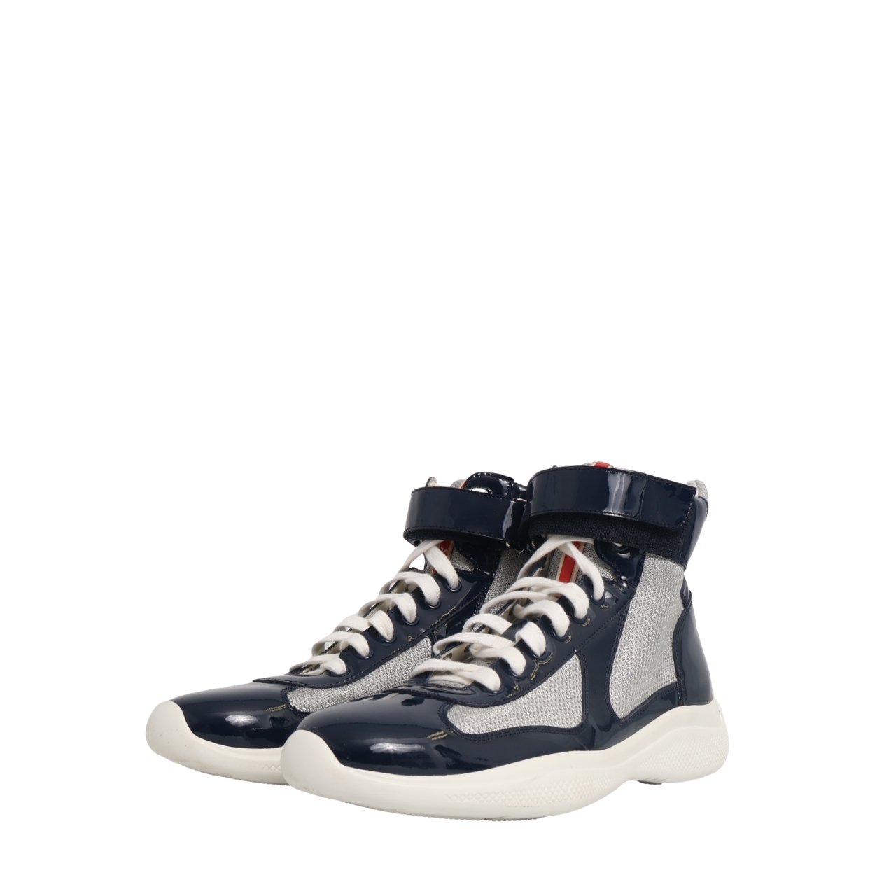 PRADA Patent Leather/Mesh High-Top Sneakers Navy/Grey | Luxity