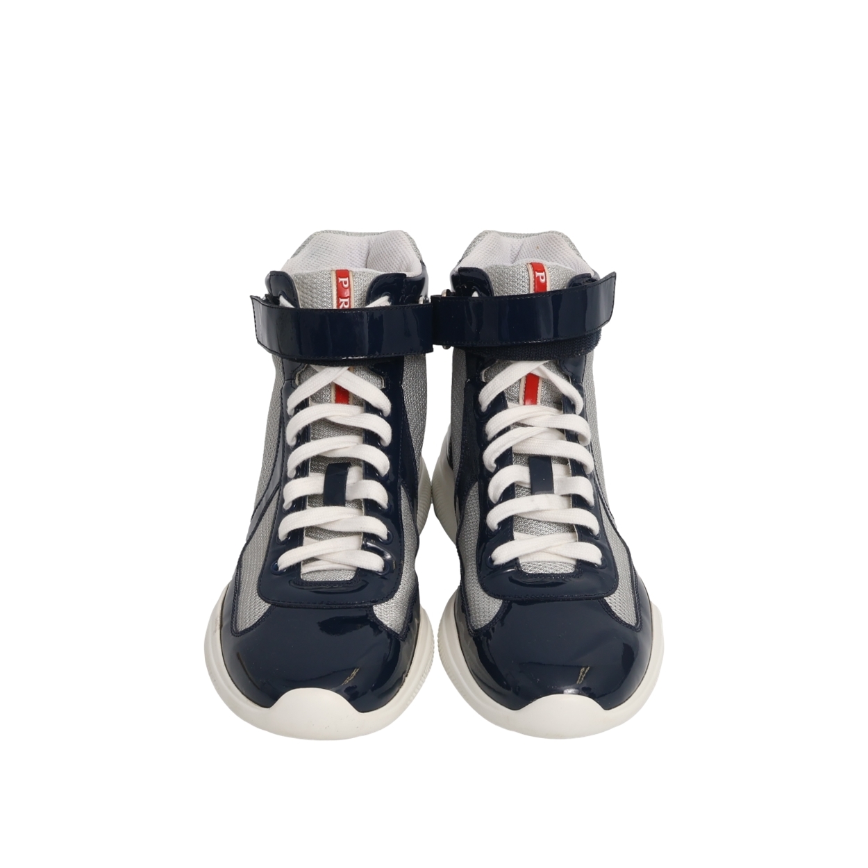 PRADA Patent Leather/Mesh High-Top Sneakers Navy/Grey | Luxity