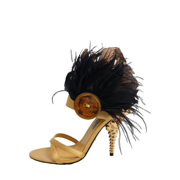 Satin Baroque Crystal/Feather Embellished Sandals Gold