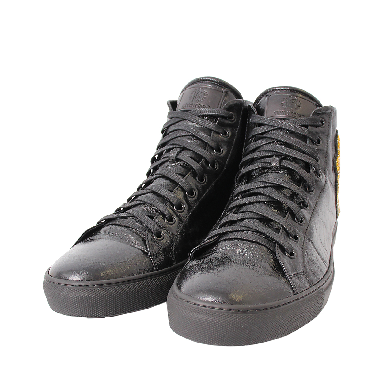 ROBERTO CAVALLI Aged Leather Patch High Top Sneakers Black | Luxity