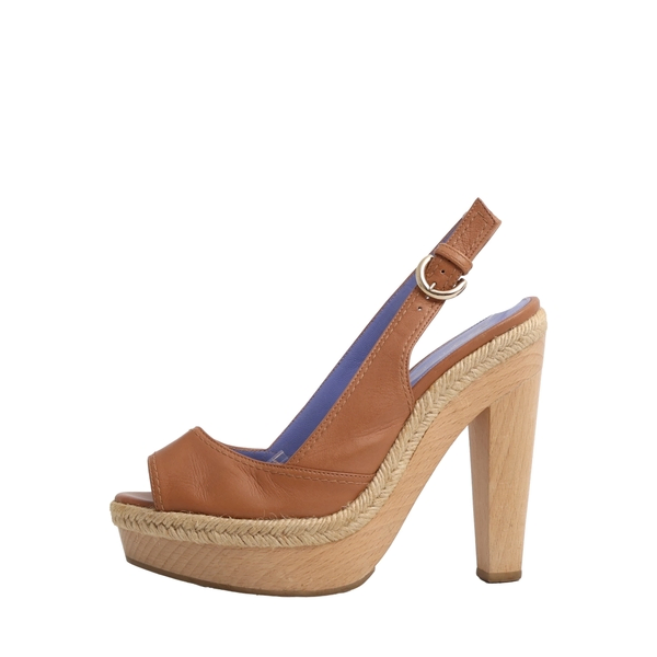 Leather/Espadrille Slingback Platform Sandals Tan