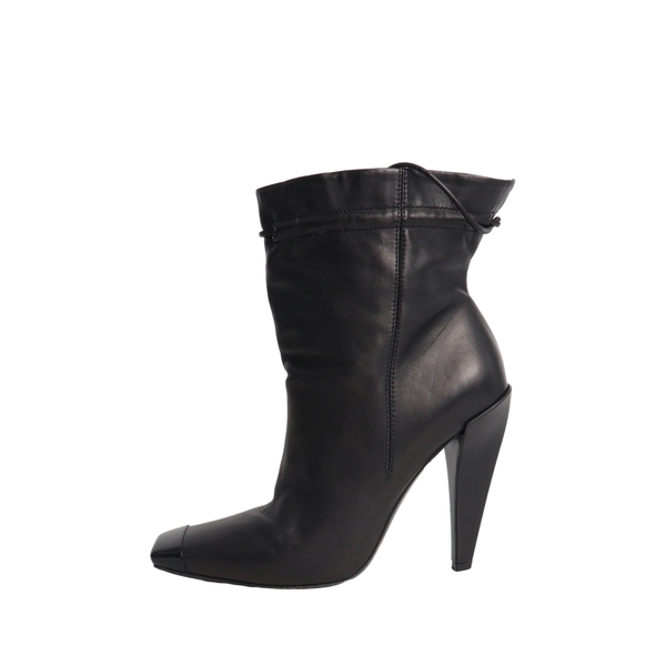 Leather Square Drawstring Ankle Boots Black
