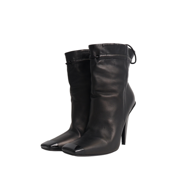 Leather Square Drawstring Ankle Boots Black