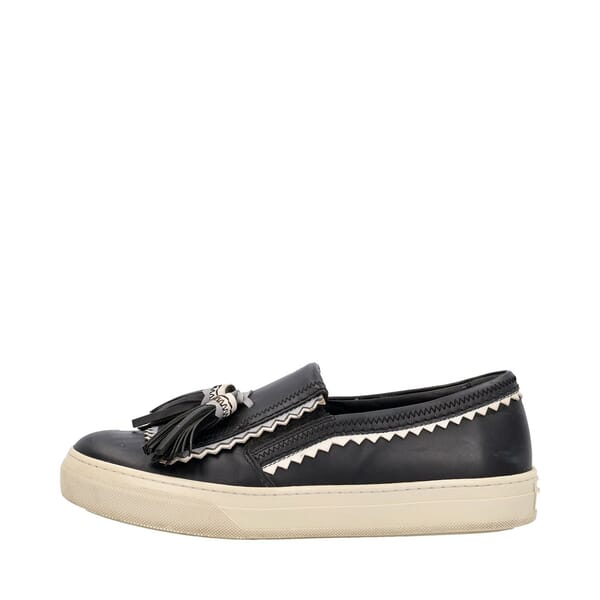 Leather Tassel Slip On Sneaker Black/White