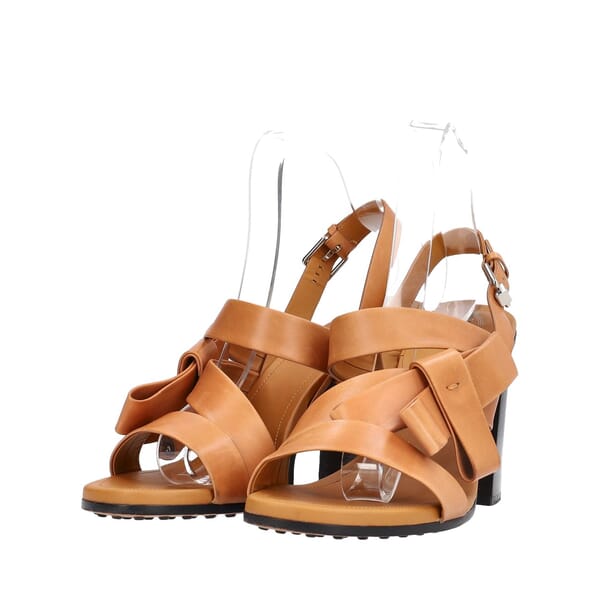 Leather Bow Block Heel Sandals Brown