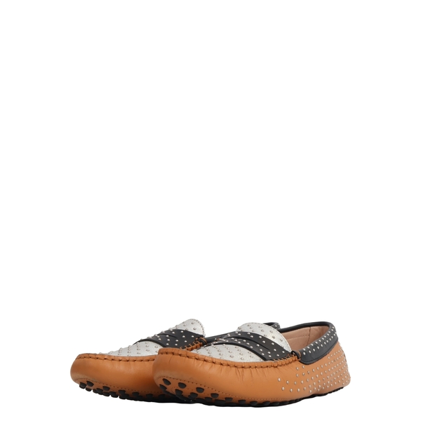 Leather Studded Loafers Silver/Brown