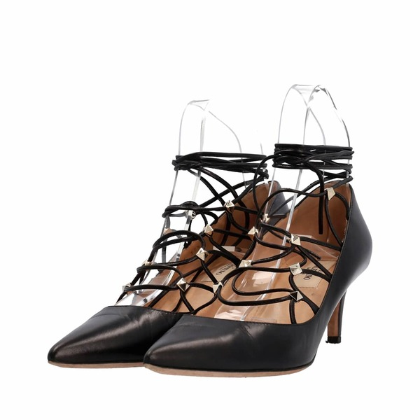 Leather Rockstud Lace Up Pumps Black